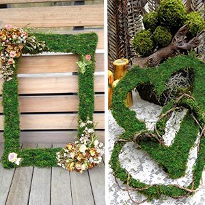 Green moss-covered picture frame and heart shape decorated with dried flowers and vines