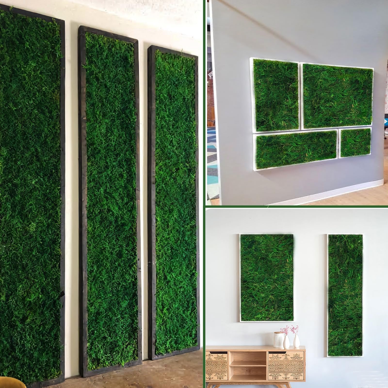 Framed preserved green moss wall art panels displayed in various arrangements on walls.