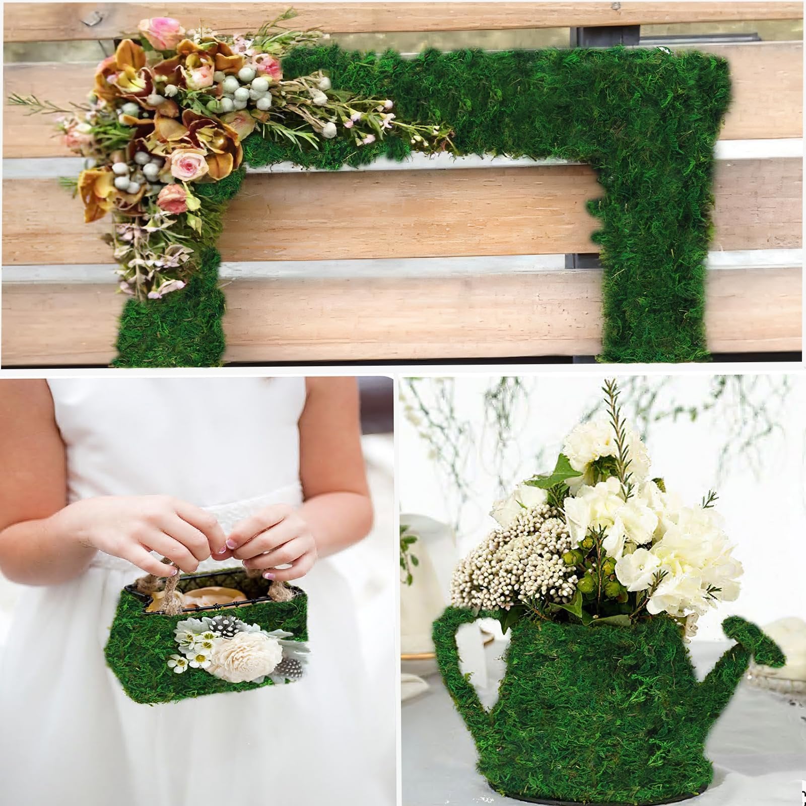 Collage of preserved moss crafts: archway with flowers, flower girl basket, and watering can vase with flowers.