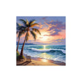 Tropical beach sunset with palm trees and ocean waves, a wooden chair on the sand.