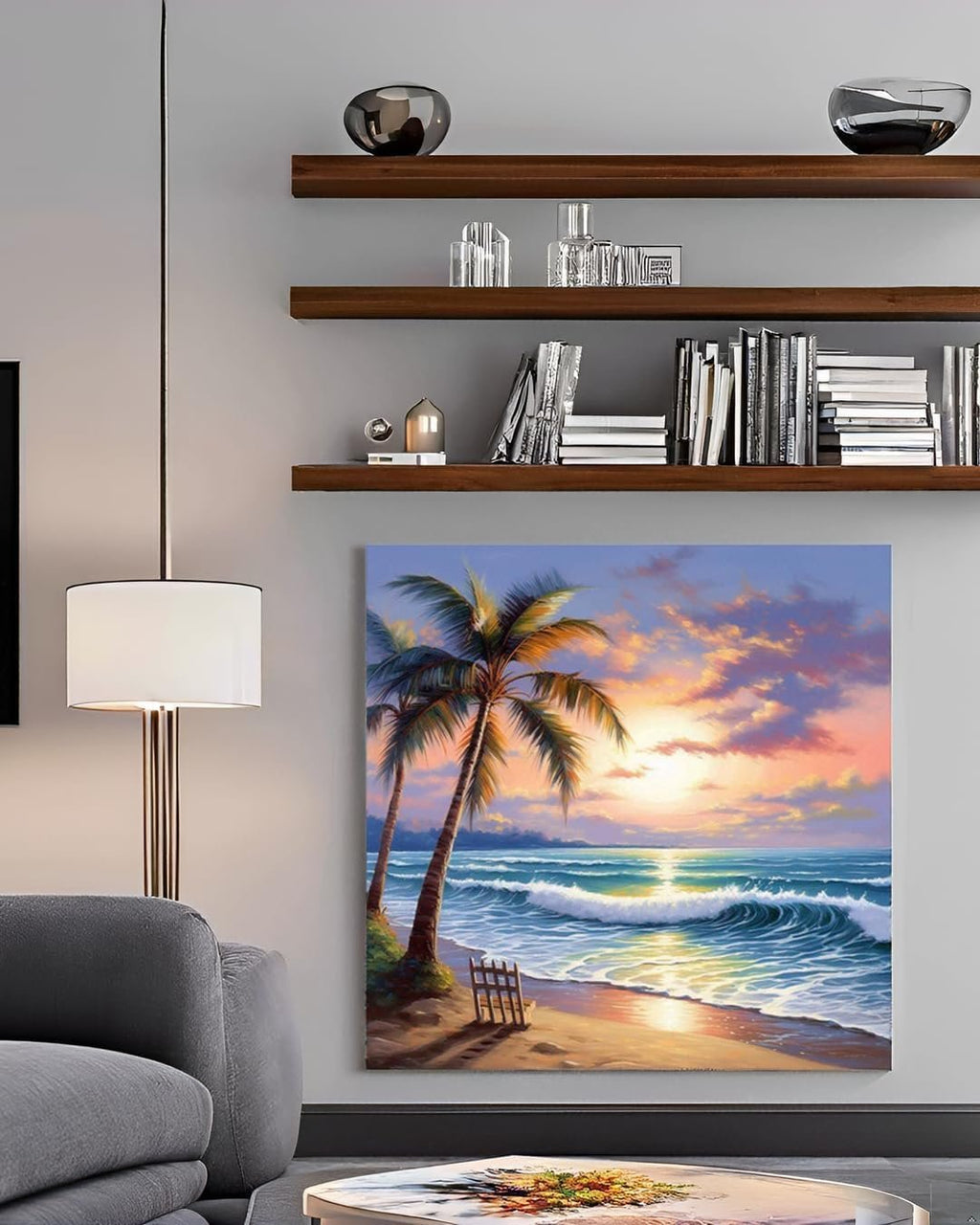 Diamond painting kit of a tropical beach sunset with palm trees and ocean waves, displayed on a wall.