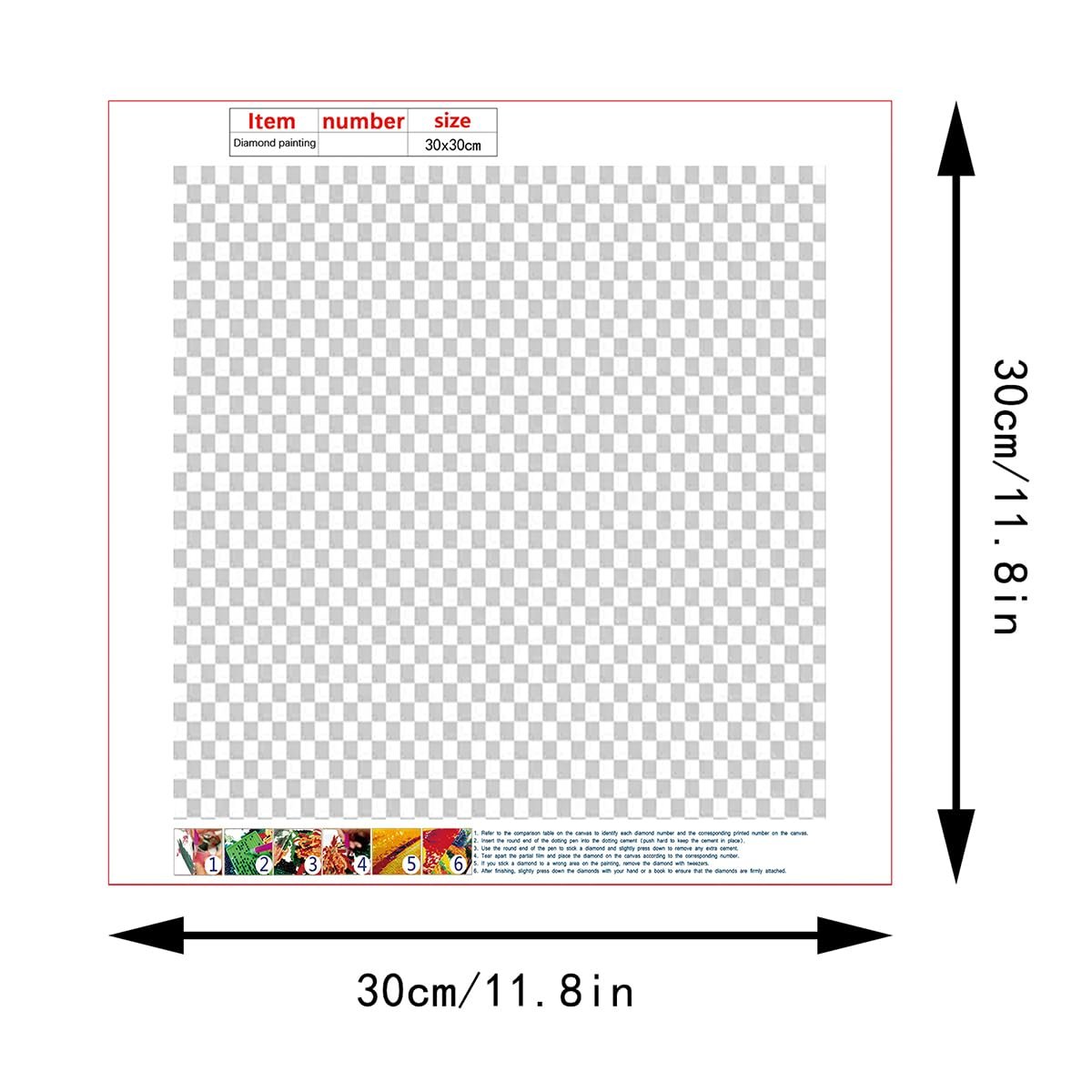 Diamond painting canvas with grid pattern and size indicator 30x30cm, with instructions at the bottom.