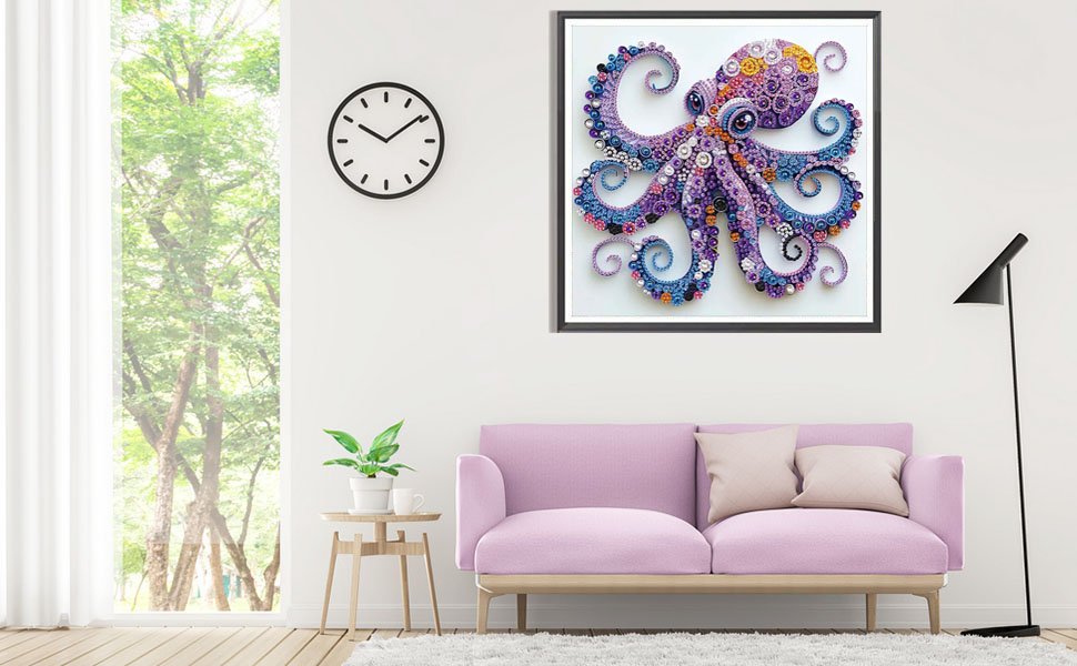 Purple octopus diamond painting artwork hanging on a white wall above a pink sofa, with a window and a floor lamp.