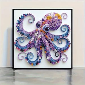 12x12 inch purple octopus special shape diamond painting kit with crystal rhinestones, framed on white background.