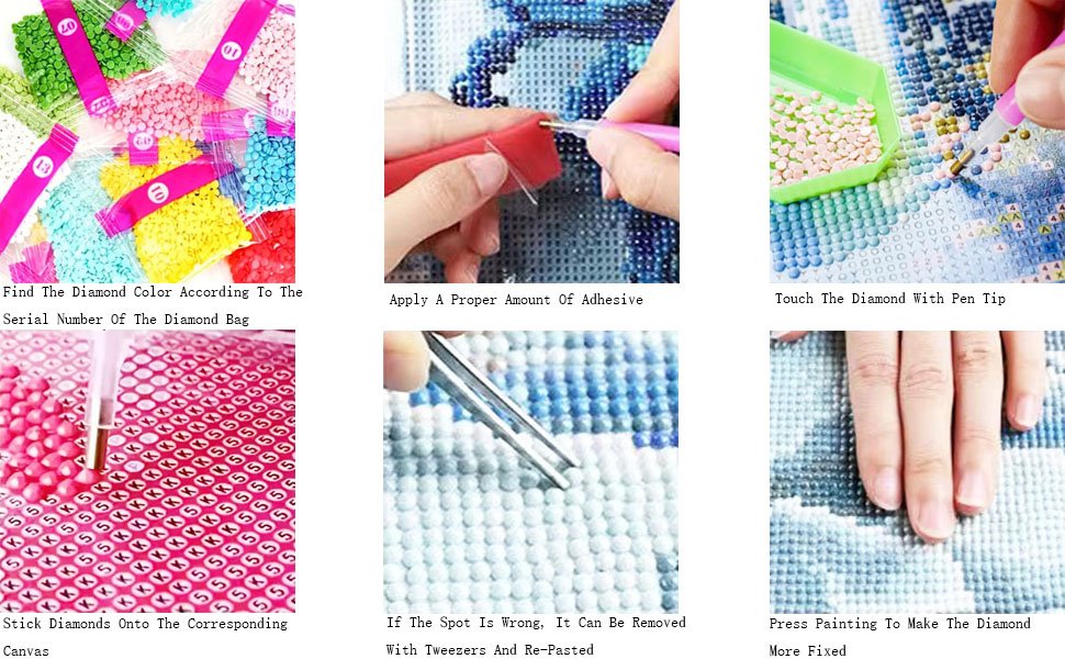 Diamond painting kit instructions showing how to find colors, apply adhesive, place diamonds, and fix them.