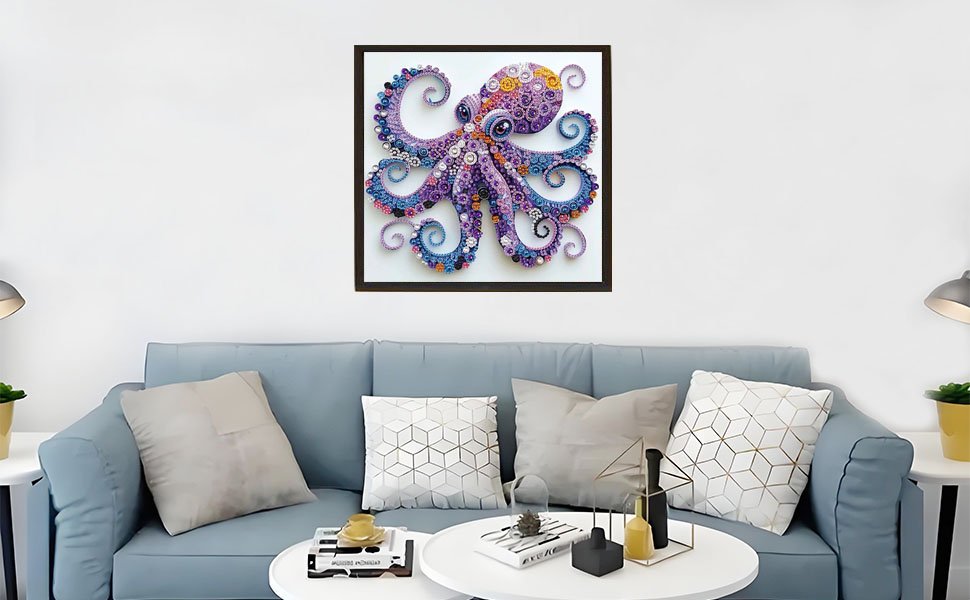 Framed purple octopus diamond painting artwork hanging on a wall above a blue sofa with decorative pillows and side tables.