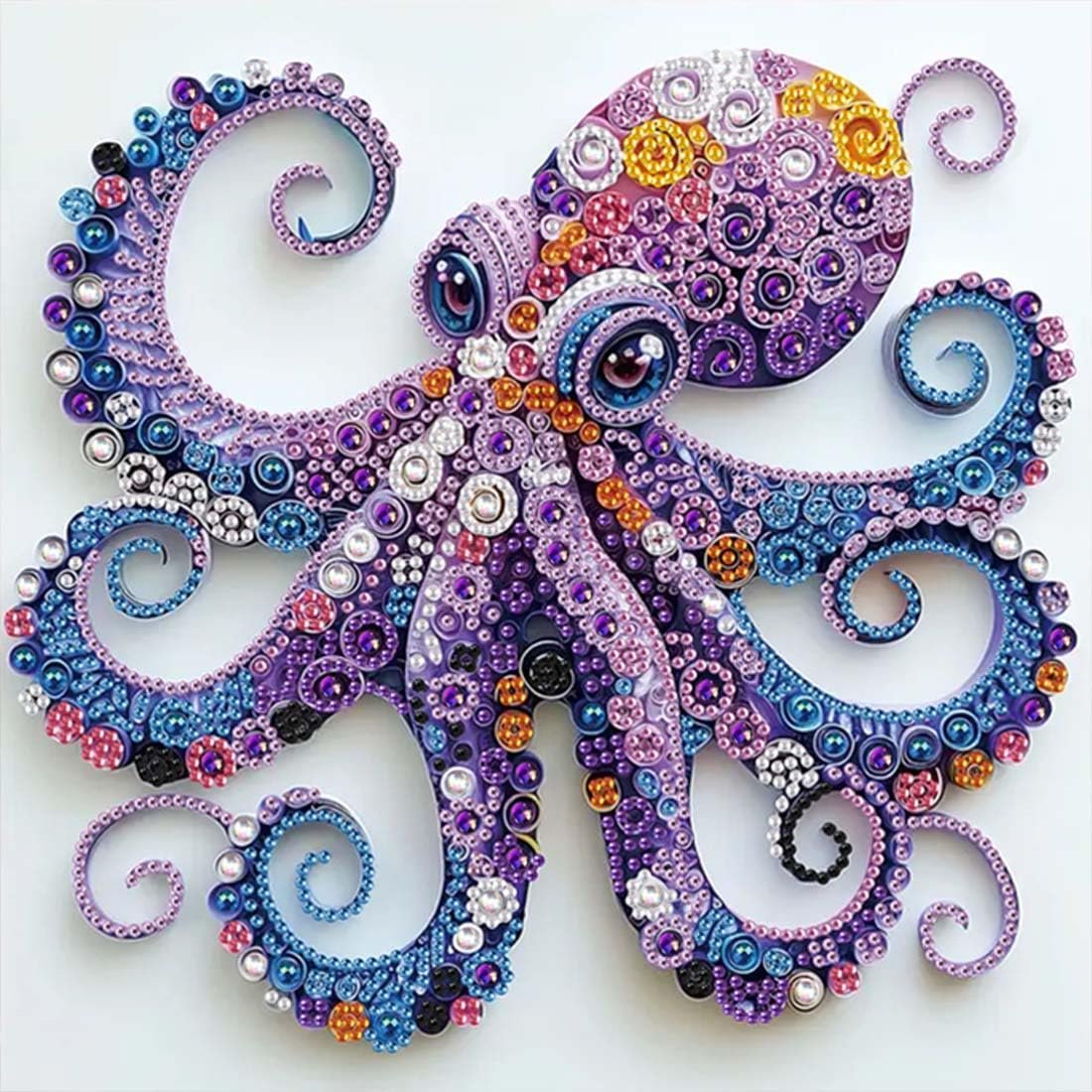 Purple octopus diamond painting kit with crystal rhinestones, front view on white background.