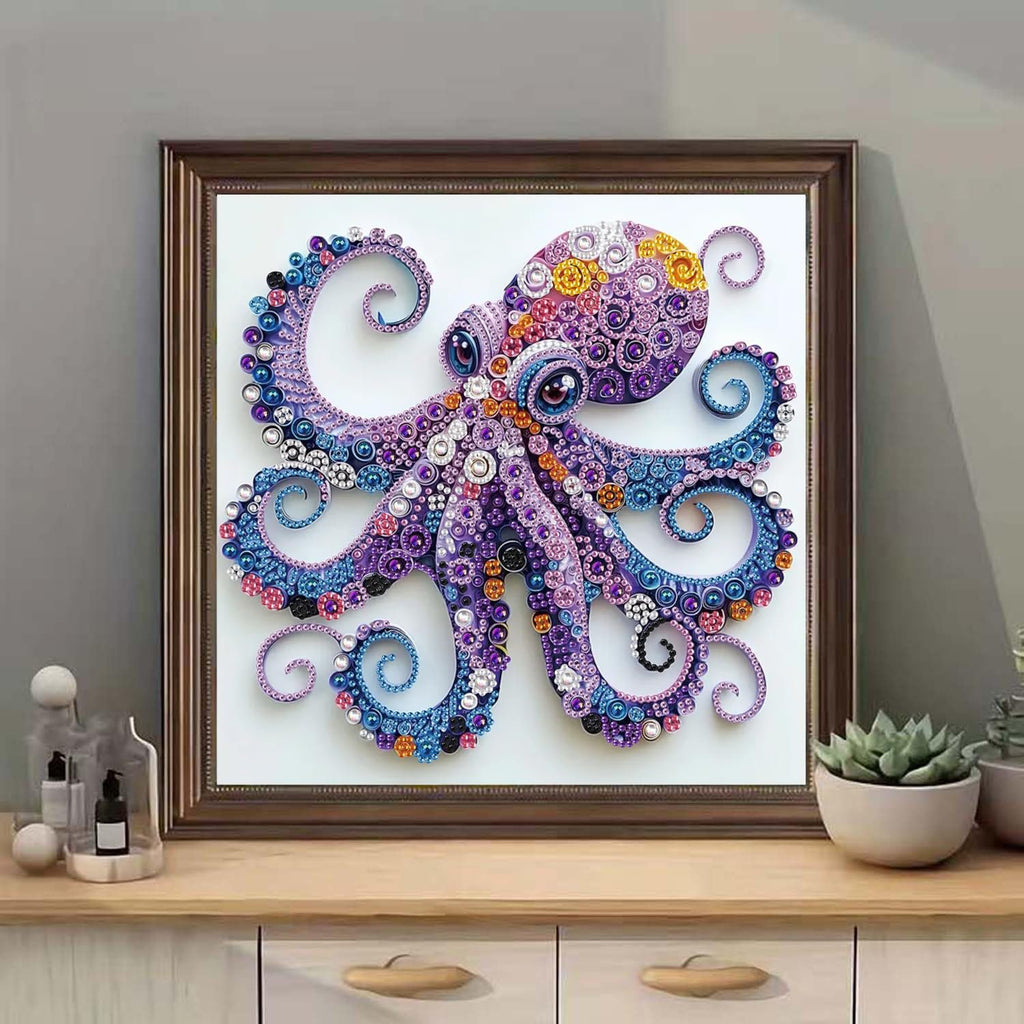 Framed 5D purple octopus diamond painting kit with crystal rhinestones, displayed on a wooden dresser.
