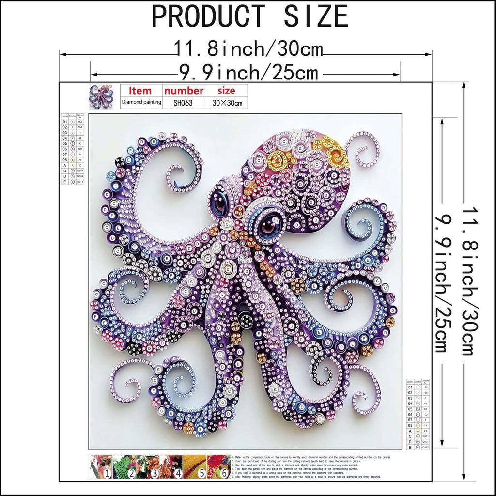 Purple octopus special shape diamond painting kit with crystal rhinestones, showing the finished artwork and size dimensions.