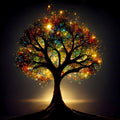 Tree of Life with colorful sparkling leaves against a dark background, illuminated by a golden light from below.