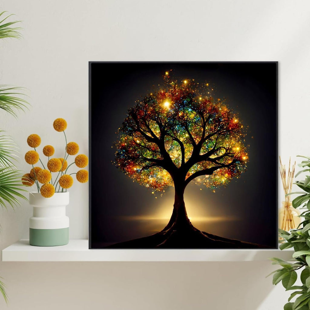 Diamond painting kit featuring a vibrant, glowing tree of life on a dark background, displayed on a shelf with plants.