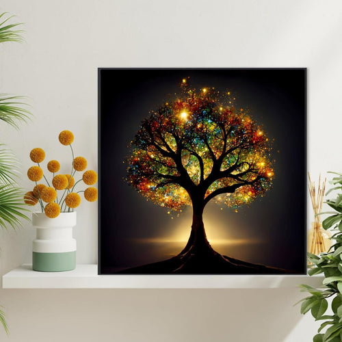 Diamond painting kit featuring a vibrant, glowing tree of life on a dark background, displayed on a shelf with plants.