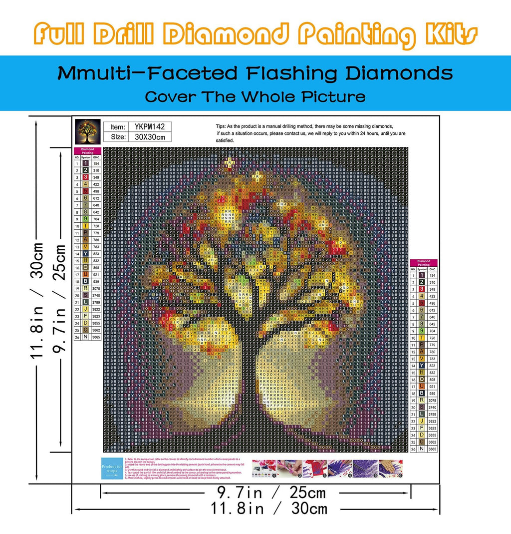 12x12 inch 5D diamond painting kit featuring a Tree of Life design with full round drills and included tools. The image shows the canvas with the design partially completed, alongside a color/symbol key.