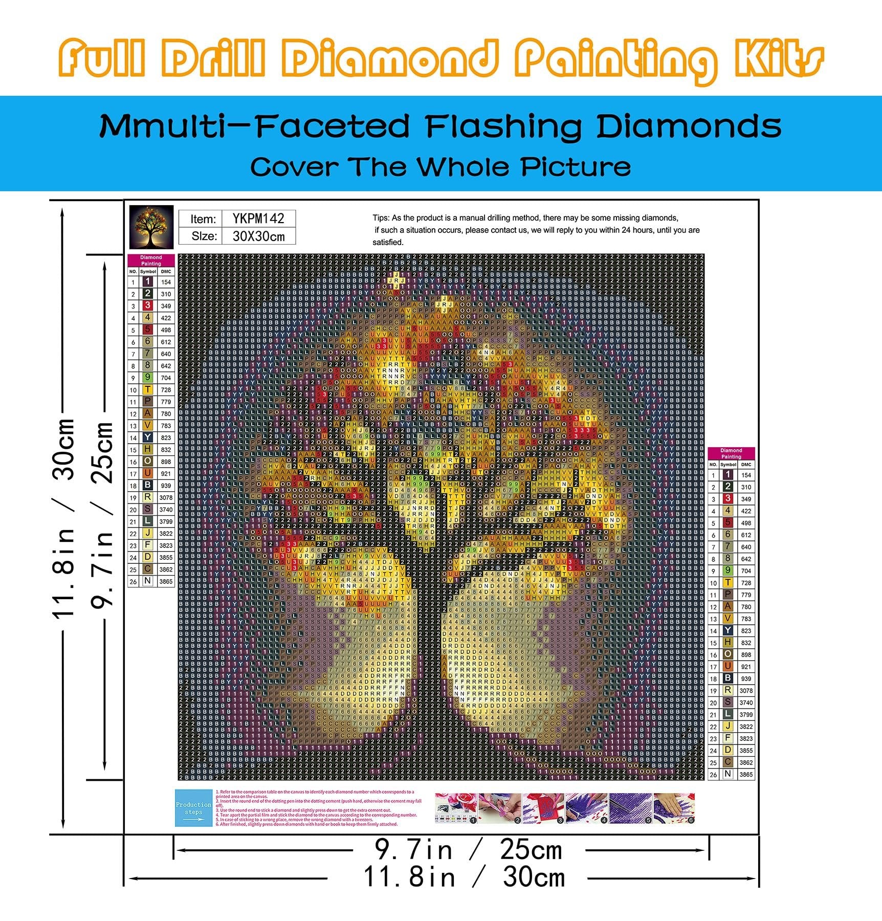 12x12 inch 5D diamond painting kit featuring a Tree of Life design with full round drills and included tools. The image shows the canvas with the design partially completed, alongside a color/symbol key.