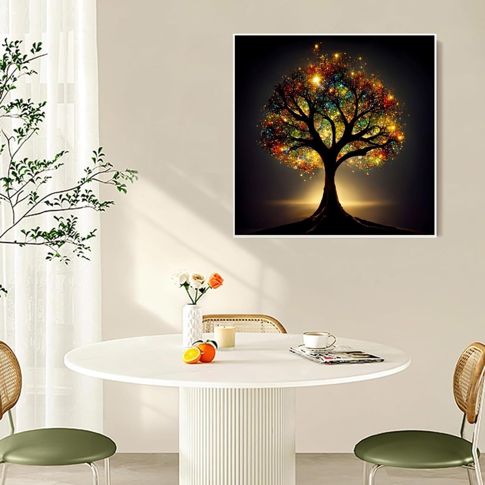 Diamond painting of a vibrant tree of life with colorful sparkling lights, displayed in a modern dining room setting.