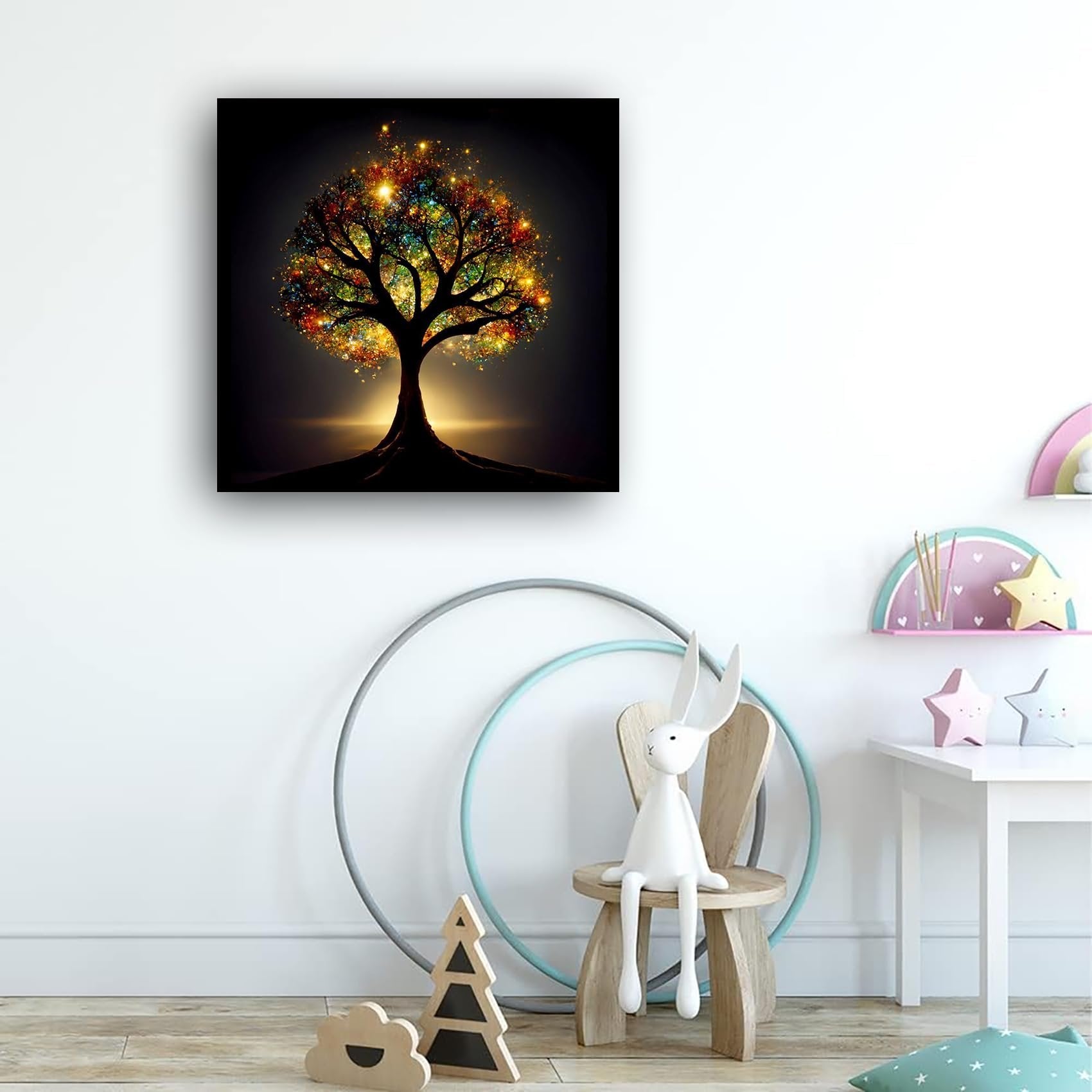 Diamond painting kit featuring a vibrant, glowing tree of life against a dark background, displayed in a child's room setting.