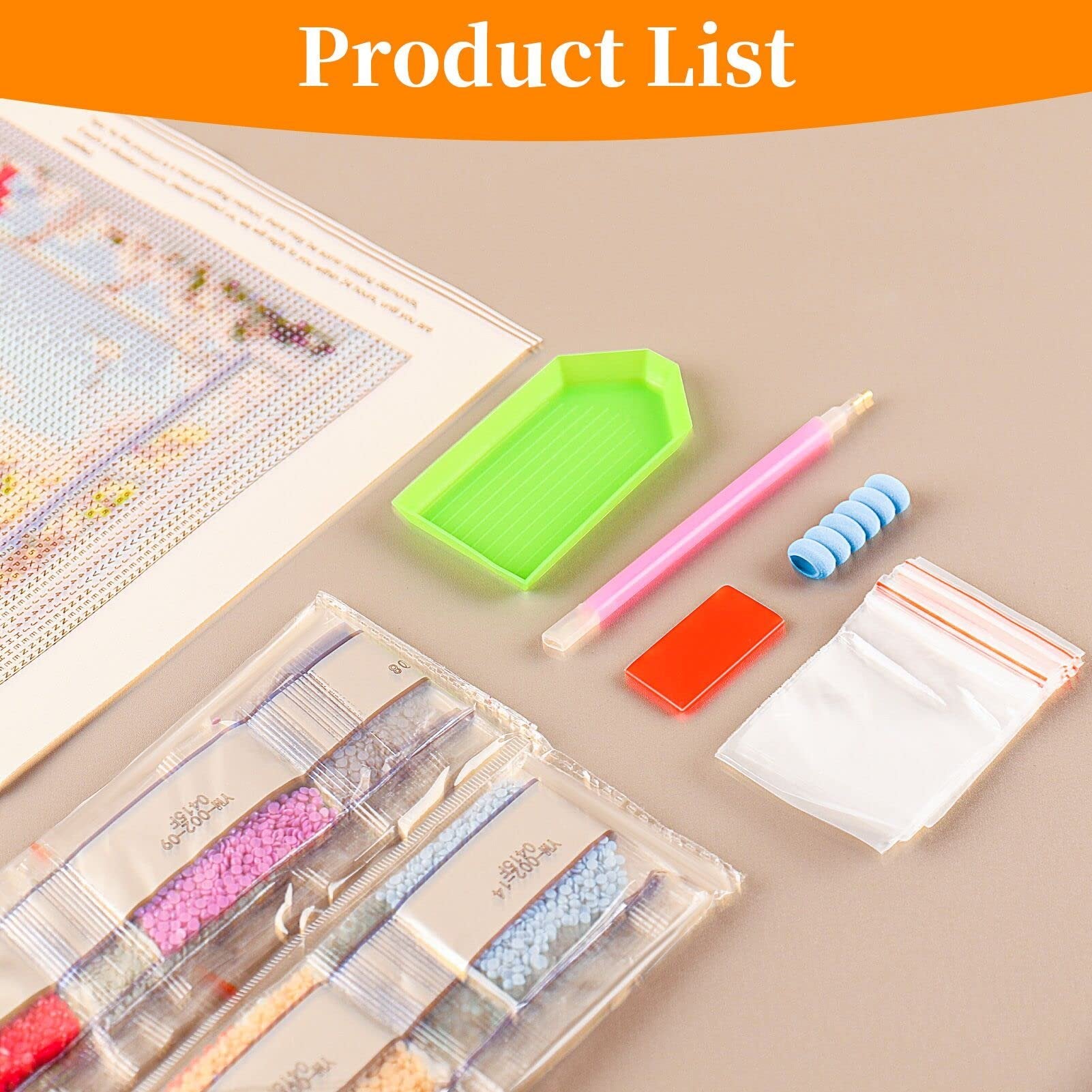 Diamond painting kit contents including canvas, diamond bags, tray, pen, and storage bag.