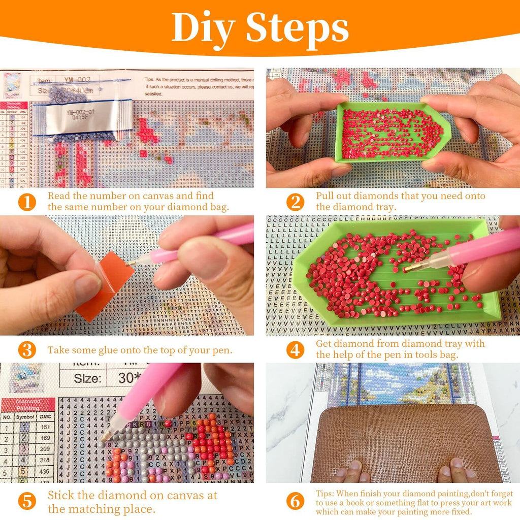 Diamond painting kit instructions showing six steps with close-ups of canvas, diamonds, and tools.