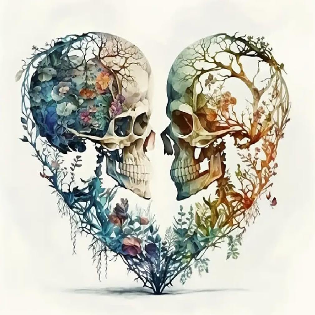 Two skulls forming a heart shape, filled with floral and tree branches, watercolor style