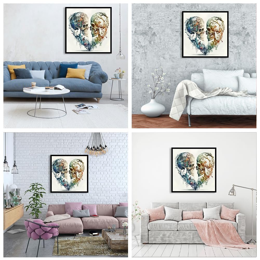 Four lifestyle images showing a framed diamond painting of two skulls forming a heart shape displayed in different living room settings.