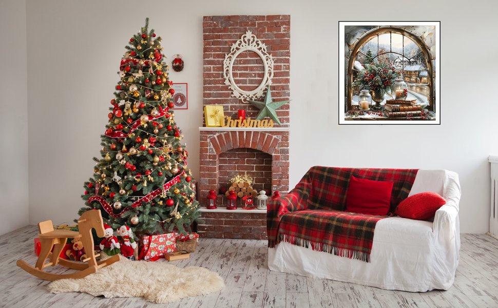 Christmas living room scene with decorated tree, fireplace, and sofa. A diamond painting hangs above the sofa.