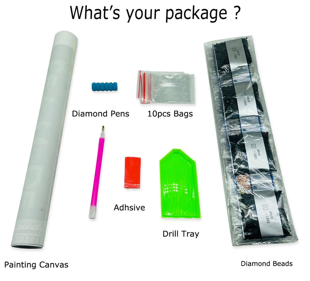 Diamond painting kit contents laid out: canvas, diamond pens, adhesive, drill tray, bags, and diamond beads.