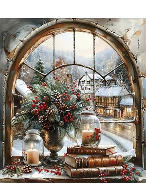 Christmas winter snow landscape viewed through a stone window with pine boughs, berries, candles, and books on the sill.