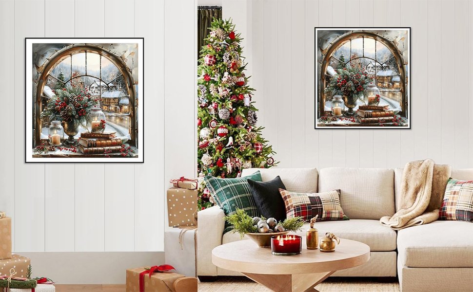Christmas winter snow landscape diamond painting displayed on a wall next to a decorated Christmas tree and sofa.