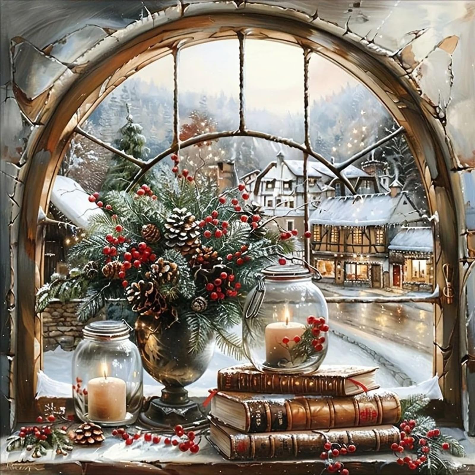 Cozy winter village scene viewed through a rustic window with Christmas decorations and books
