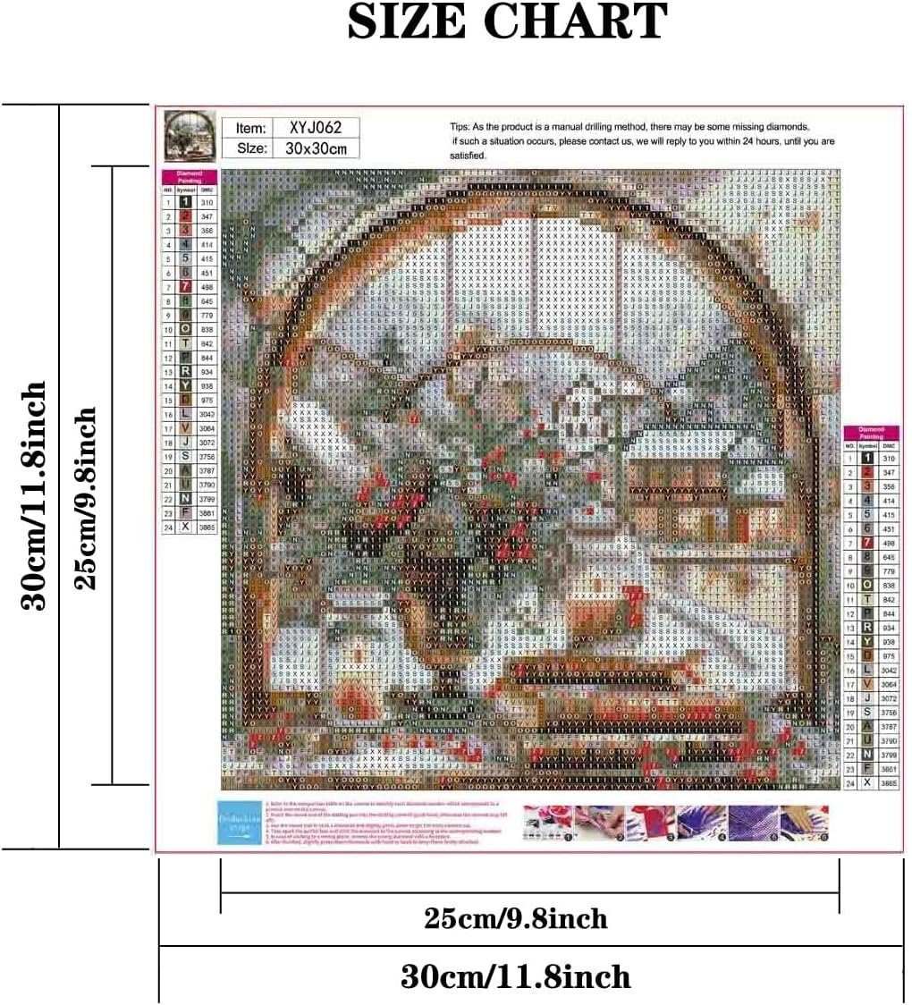 Diamond painting kit showing a winter village scene through an arched window, with a size chart and instructions.