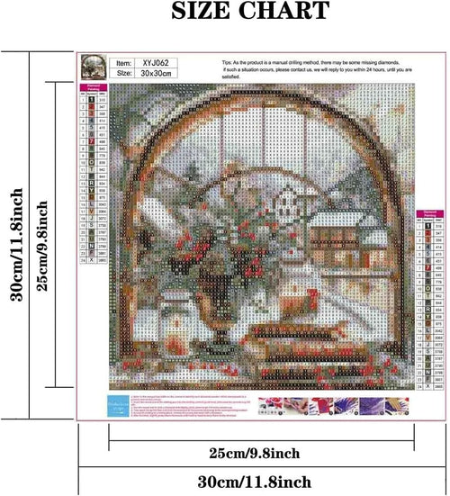 Diamond painting kit showing a winter village scene through an arched window, with a size chart and instructions.