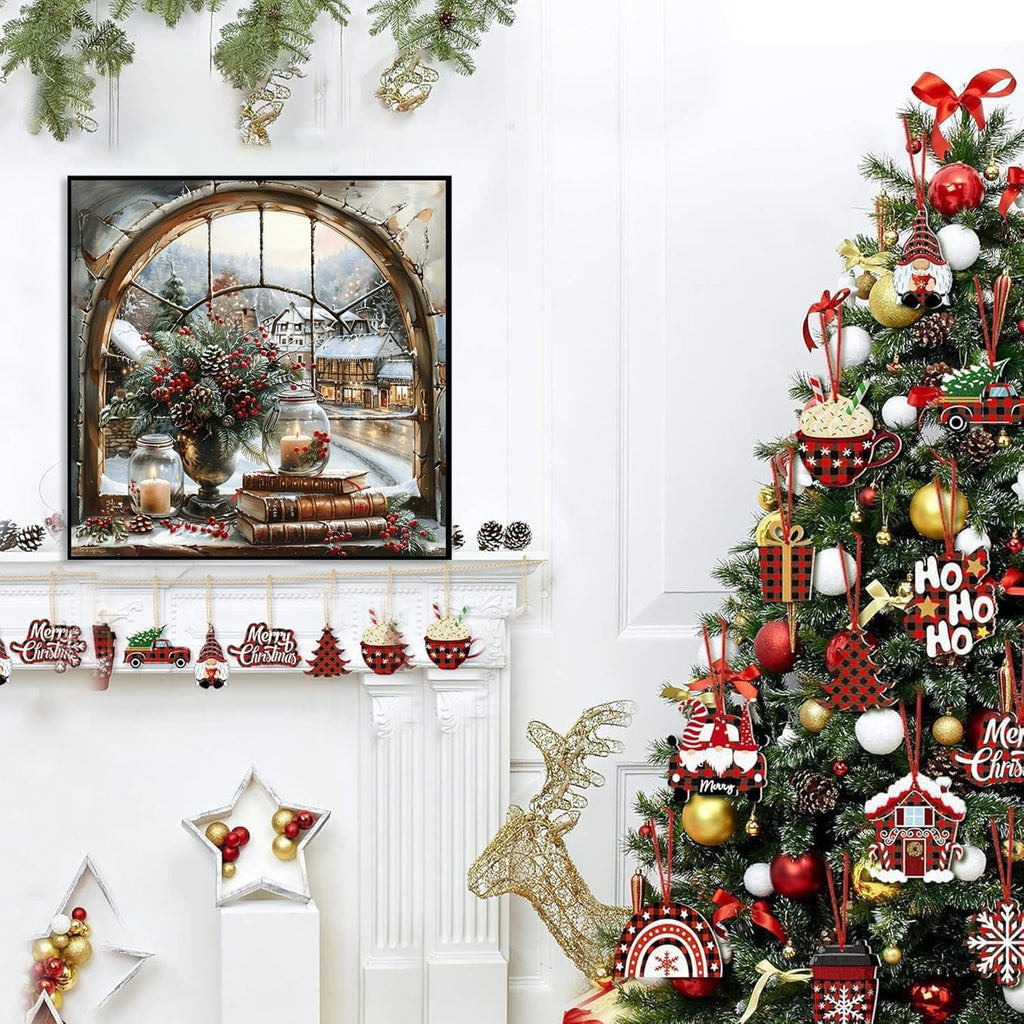 Christmas winter snow landscape diamond painting art displayed above a decorated fireplace and tree