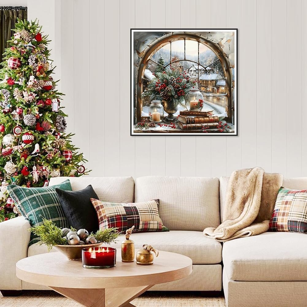 Christmas living room scene with a decorated tree, sofa, coffee table, and a framed winter landscape diamond painting on the wall.
