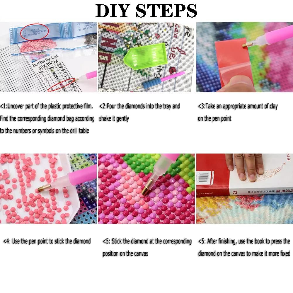 Diamond painting kit DIY steps showing diamond bags, tray, pen, and application process on canvas.