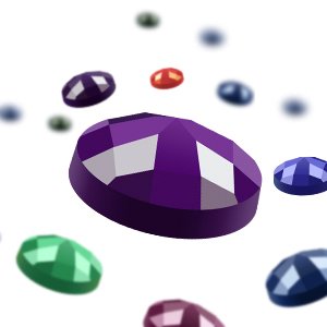 Close-up of a large purple faceted diamond gem with smaller colorful diamond gems scattered around it on a white background.