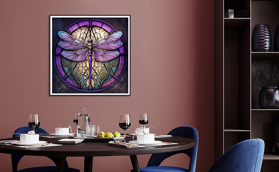 Dragonfly diamond painting artwork displayed on a wall above a dining table setting.