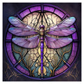 Dragonfly diamond painting kit design featuring a purple dragonfly against a stained-glass-like background.