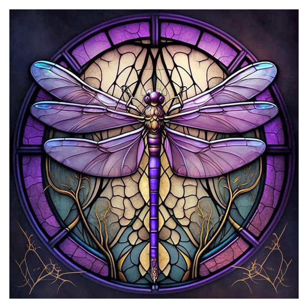 Dragonfly diamond painting kit design featuring a purple dragonfly against a stained-glass-like background.