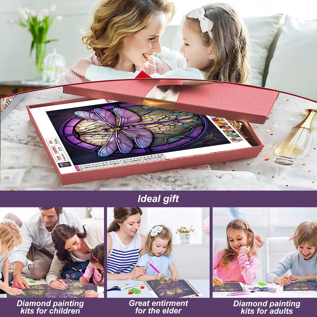 Dragonfly diamond painting kit in gift box with family doing crafts below