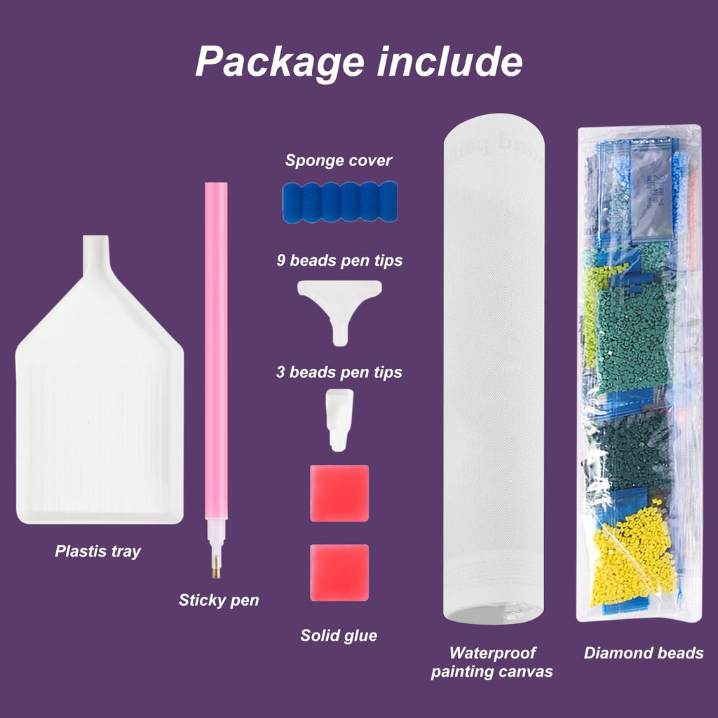 Diamond painting kit contents including tray, pen, glue, canvas, and beads.