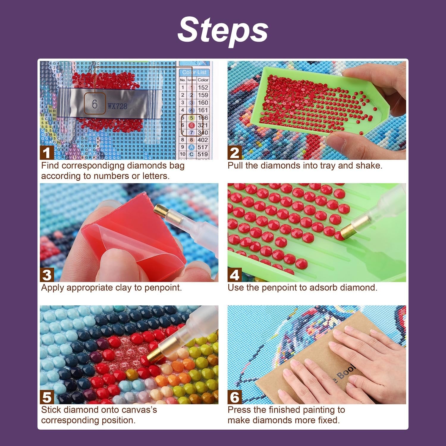 Diamond painting kit instructions showing 6 steps: finding diamonds, shaking them in a tray, applying clay to a pen, picking up diamonds, placing them on the canvas, and pressing the finished painting.