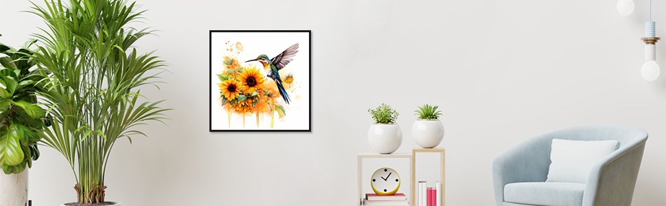Framed diamond painting kit artwork of a hummingbird hovering near sunflowers, displayed on a wall.