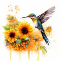 Hummingbird hovering over sunflowers with watercolor splashes and drips