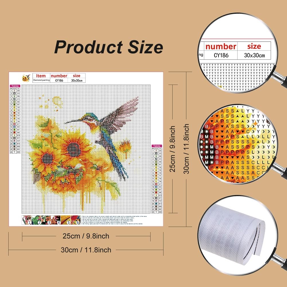 Diamond painting kit with hummingbird and sunflowers, showing the canvas grid and color key. Includes size dimensions.