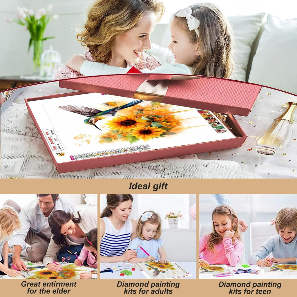 Diamond painting kit with hummingbird and sunflowers in gift box, shown with family activities.