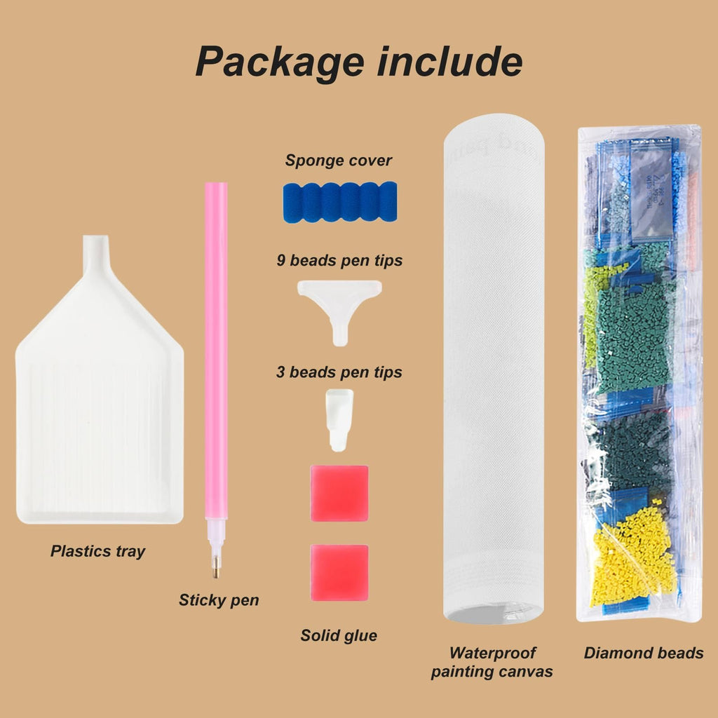 Diamond painting kit contents including tray, pen, sponge cover, pen tips, glue, canvas, and beads.