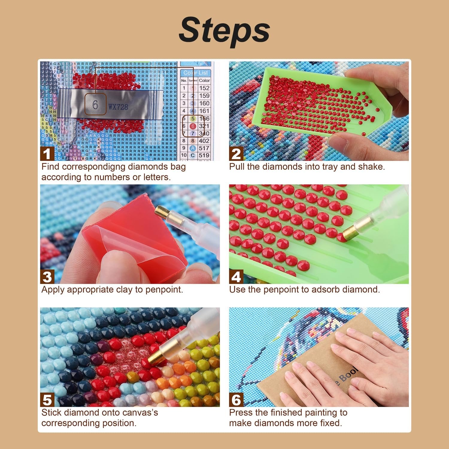 Diamond painting kit instructions showing 6 steps: finding diamond bags, shaking tray, applying clay, picking up diamonds, sticking diamonds, and pressing the finished painting.