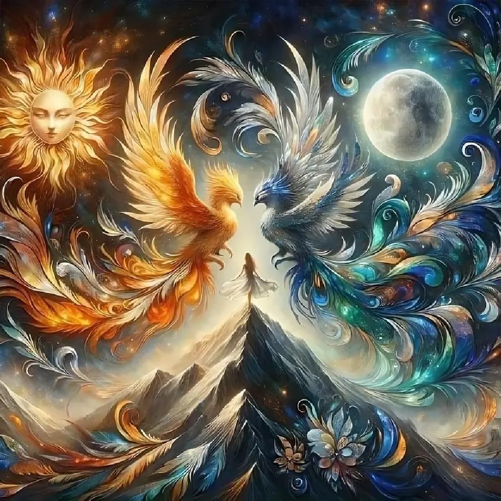 Fantasy art of two phoenixes, one fiery orange and one icy blue, facing each other with a woman standing on a mountain peak between them. A sun with a face is on the left, and a full moon is on the right.