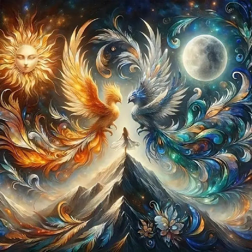 Fantasy art of two phoenixes, one fiery orange and one icy blue, facing each other with a woman standing on a mountain peak between them. A sun with a face is on the left, and a full moon is on the right.