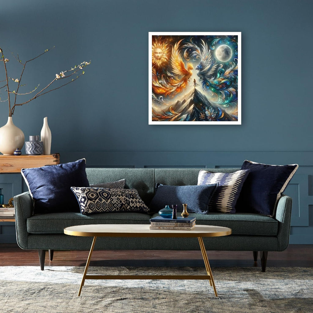 Diamond painting kit featuring a phoenix and moon design displayed on a wall above a sofa.